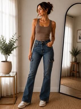 Modest Motion Cargo Bootcut Jeans Women Size 4P Blue Stretch Mid Rise NWT